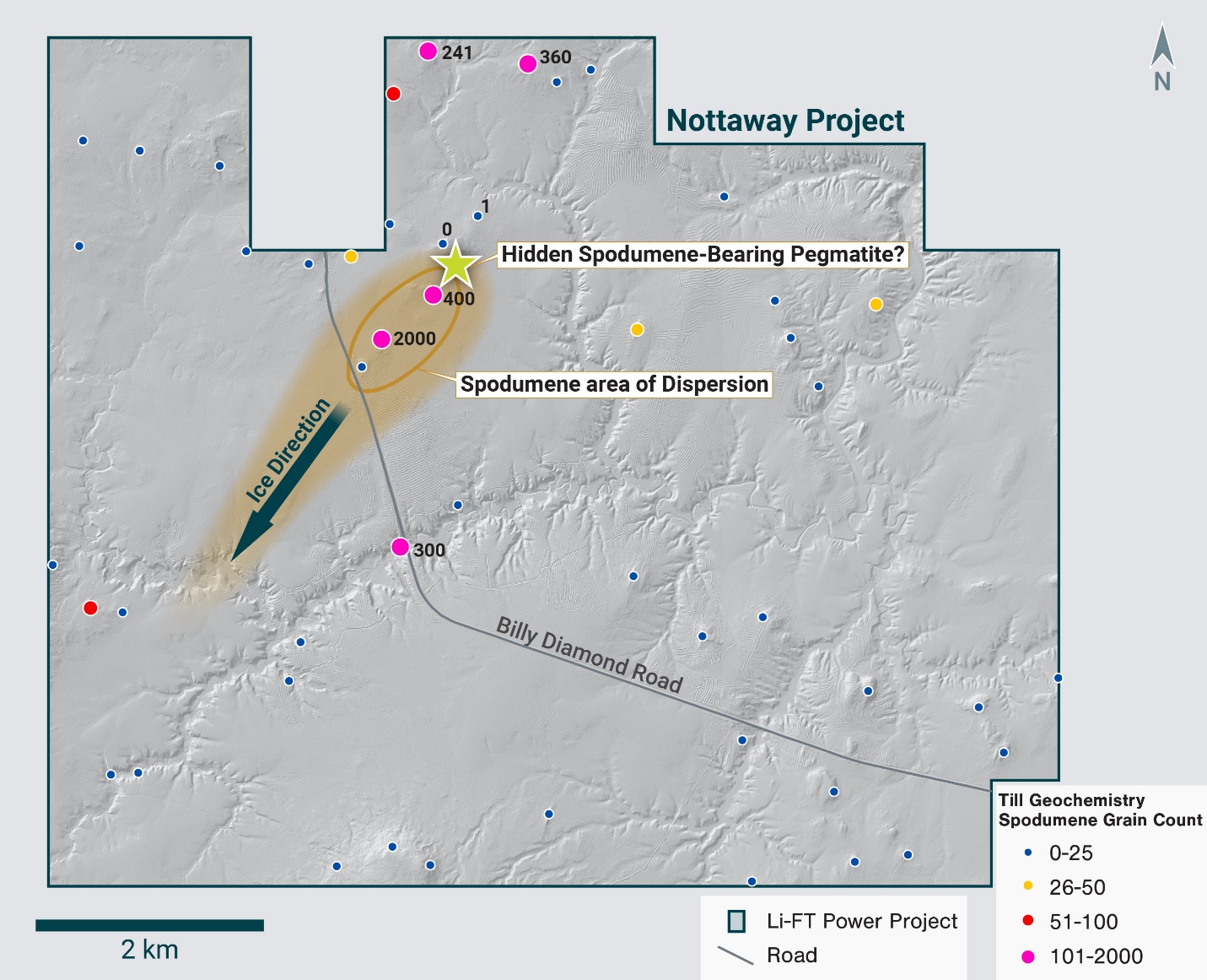 Figure 2 – Spodumene Counts on LiDAR image. Star indicated up-ice cut-off of spodumene grains in the tills and location of potential hidden spodumene dykes.