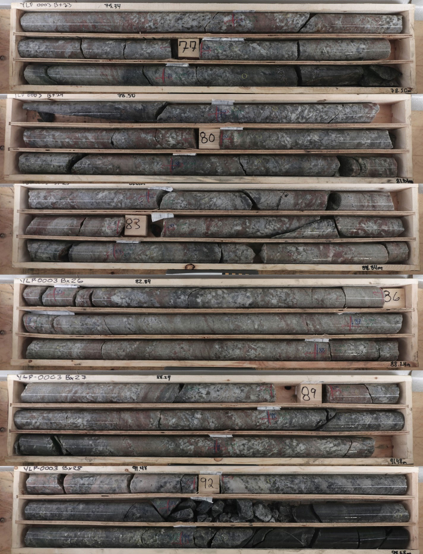 Figure 4b: Core photos of drill hole YLP0003. Spodumene-bearing pegmatite was intersected from 55 to 94 meters.