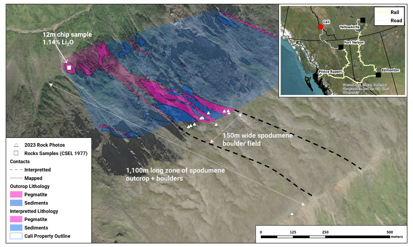 Figure 1 - Location of LIFT’s CALI Property and detail showing the exposure of the known spodumene-bearing pegmatite dyke.