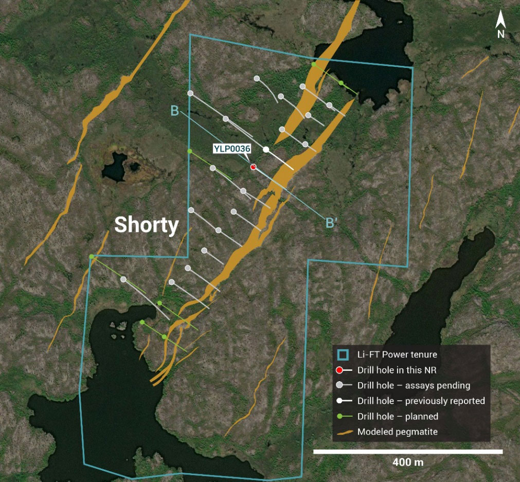 Plan view showing the surface expression of the Shorty pegmatite with diamond drill hole reported in this press release.